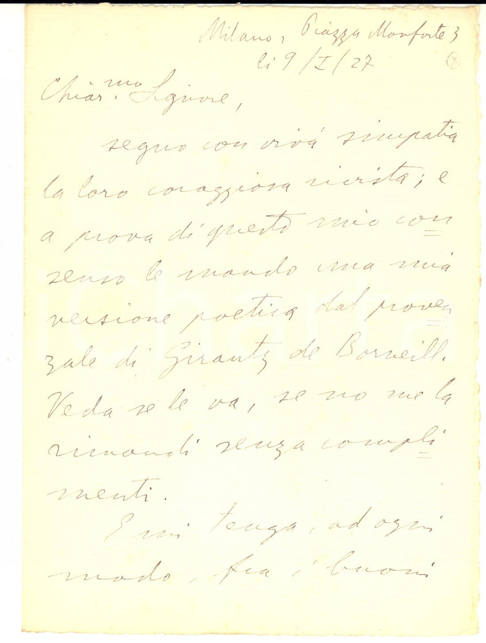 1927 MILANO Lettera Valentino PICCOLI per invio versione poetica - AUTOGRAFO