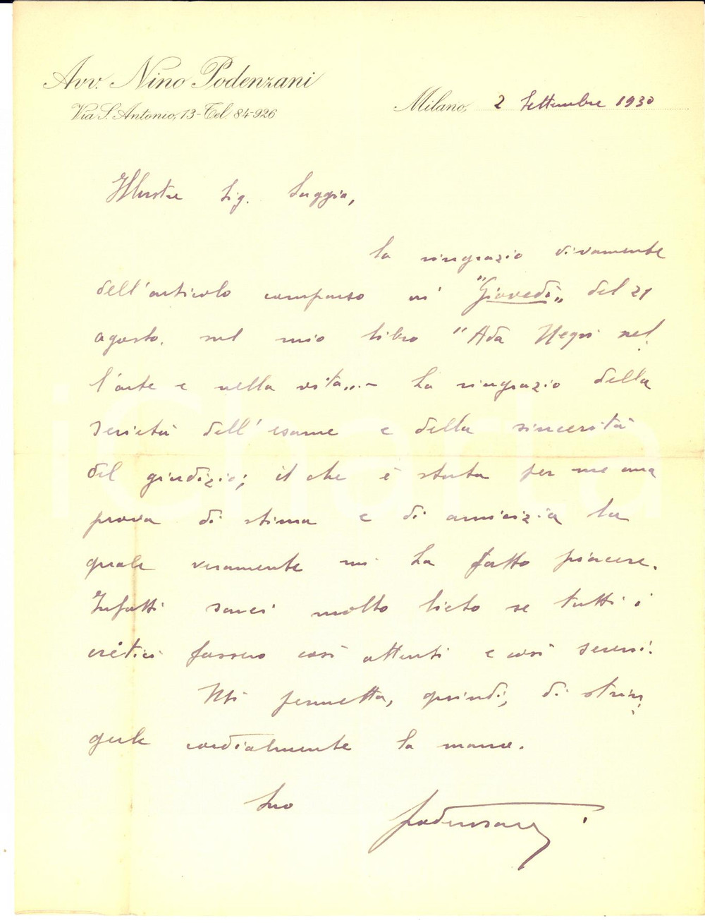 1930 MILANO Nino PODENZANI ringrazia un critico per un articolo - AUTOGRAFO