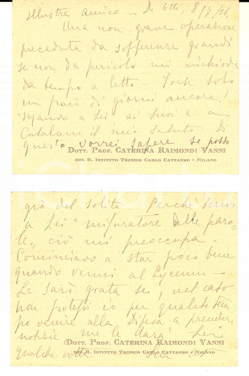 1926 MILANO Biglietto Caterina RAIMONDI VANNI convalescente - AUTOGRAFO