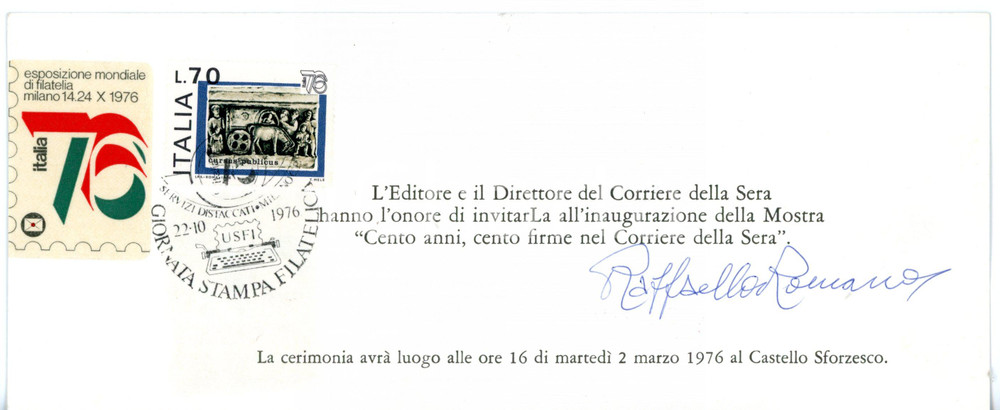 Autografo originale 1976 MILANO CORRIERE DELLA SERA Raffaella ROMANO  Biglietto AUTOGRAFO  FDC 1