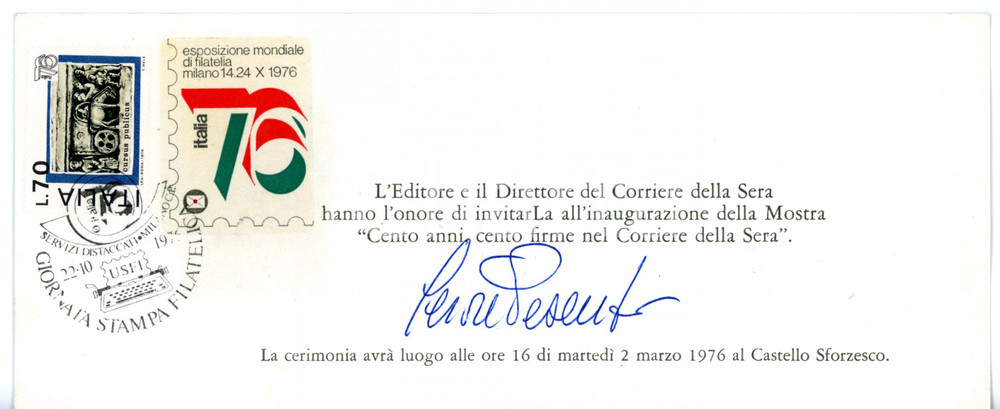 1976 MILANO CORRIERE DELLA SERA - Cesare PESENTI *Biglietto AUTOGRAFO con FDC