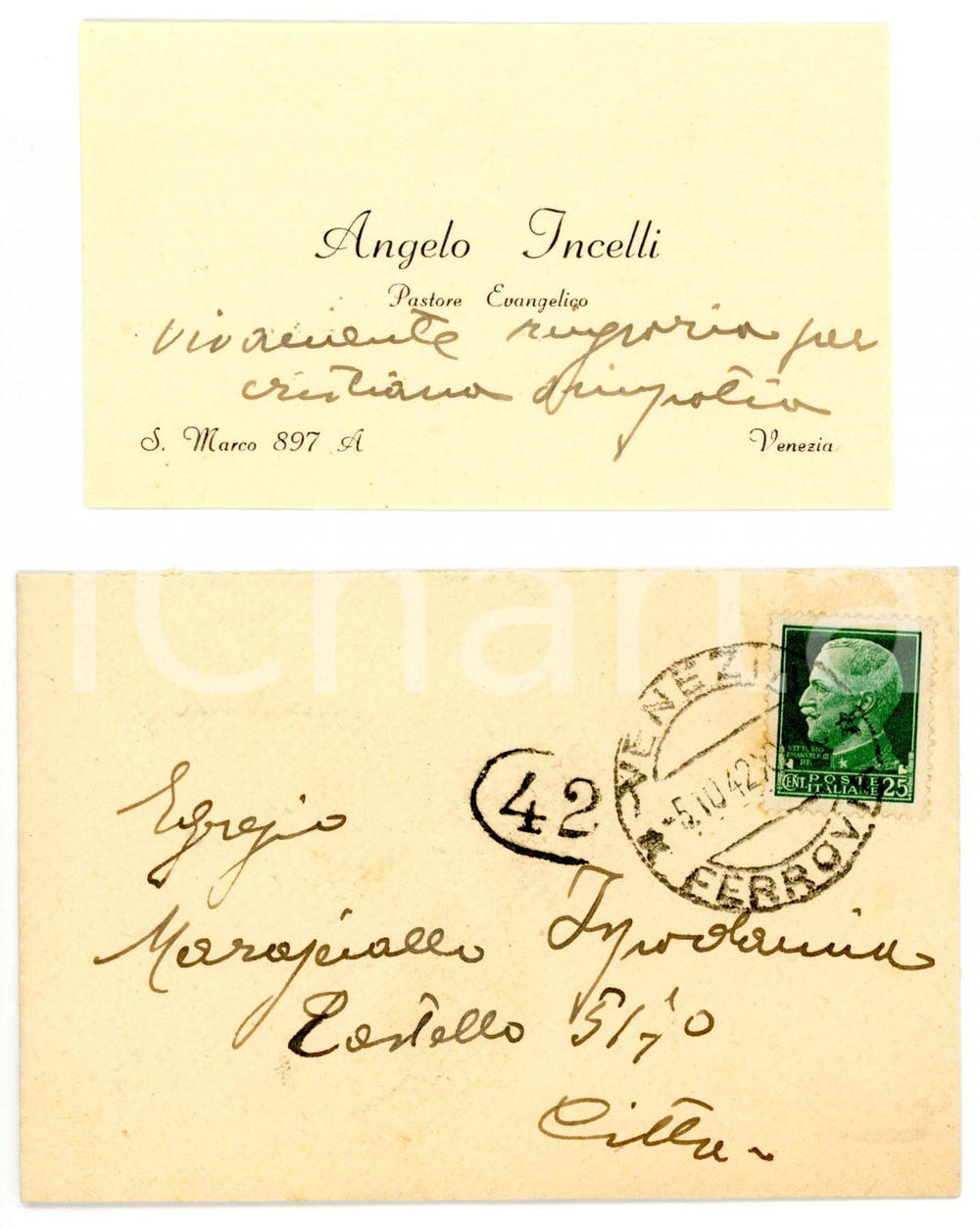 1942 VENEZIA Angelo INCELLI pastore evangelico - Biglietto da visita AUTOGRAFO