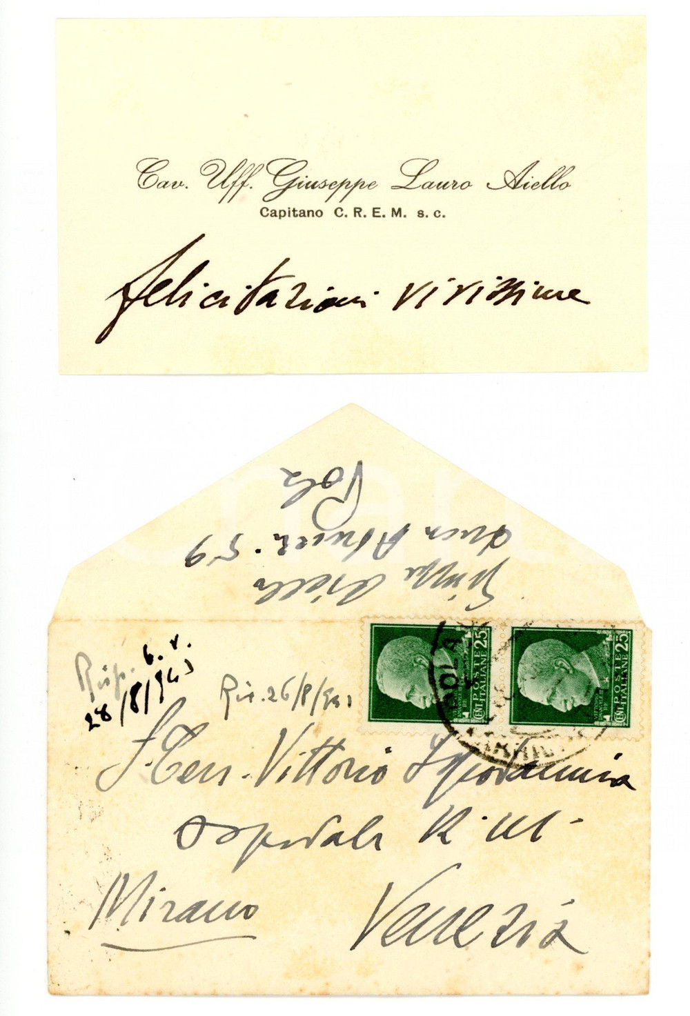 Autografo originale 1941 POLA Giuseppe Lauro AIELLO capitano CREM  Biglietto da visita AUTOGRAFO 1