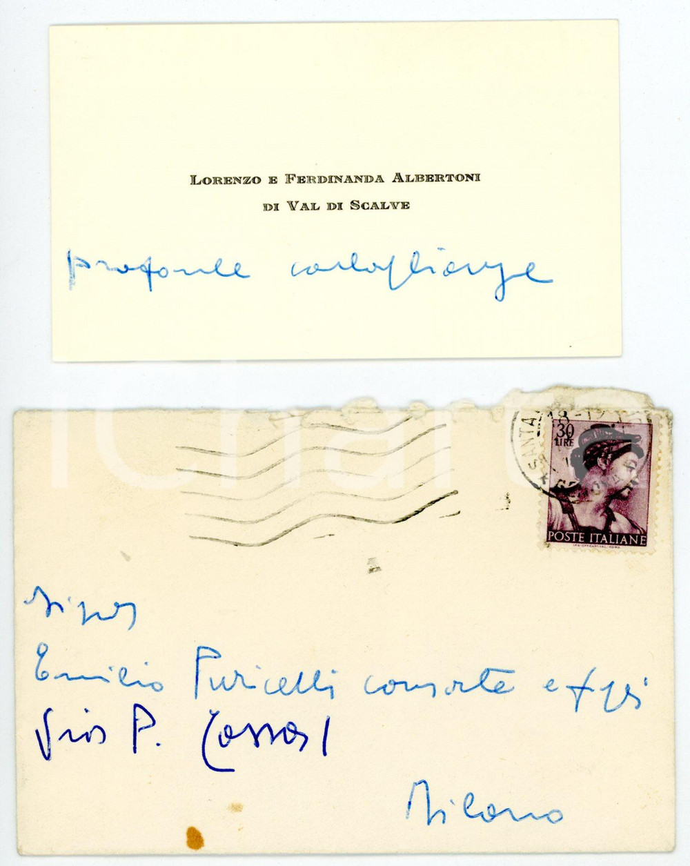 Autografo originale 1910 ca GENOVA Lorenzo e Ferdinanda ALBERTONI di VAL DI SCALVE  Biglietto 1