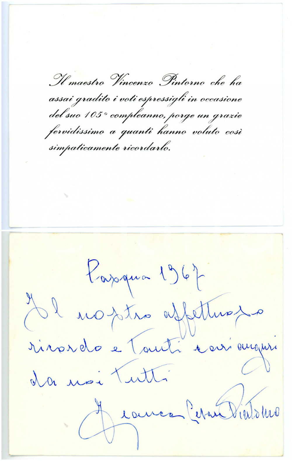 1967 ROMA Compleanno Vincenzo PINTORNO - Biglietto manoscritto Franca PINTORNO