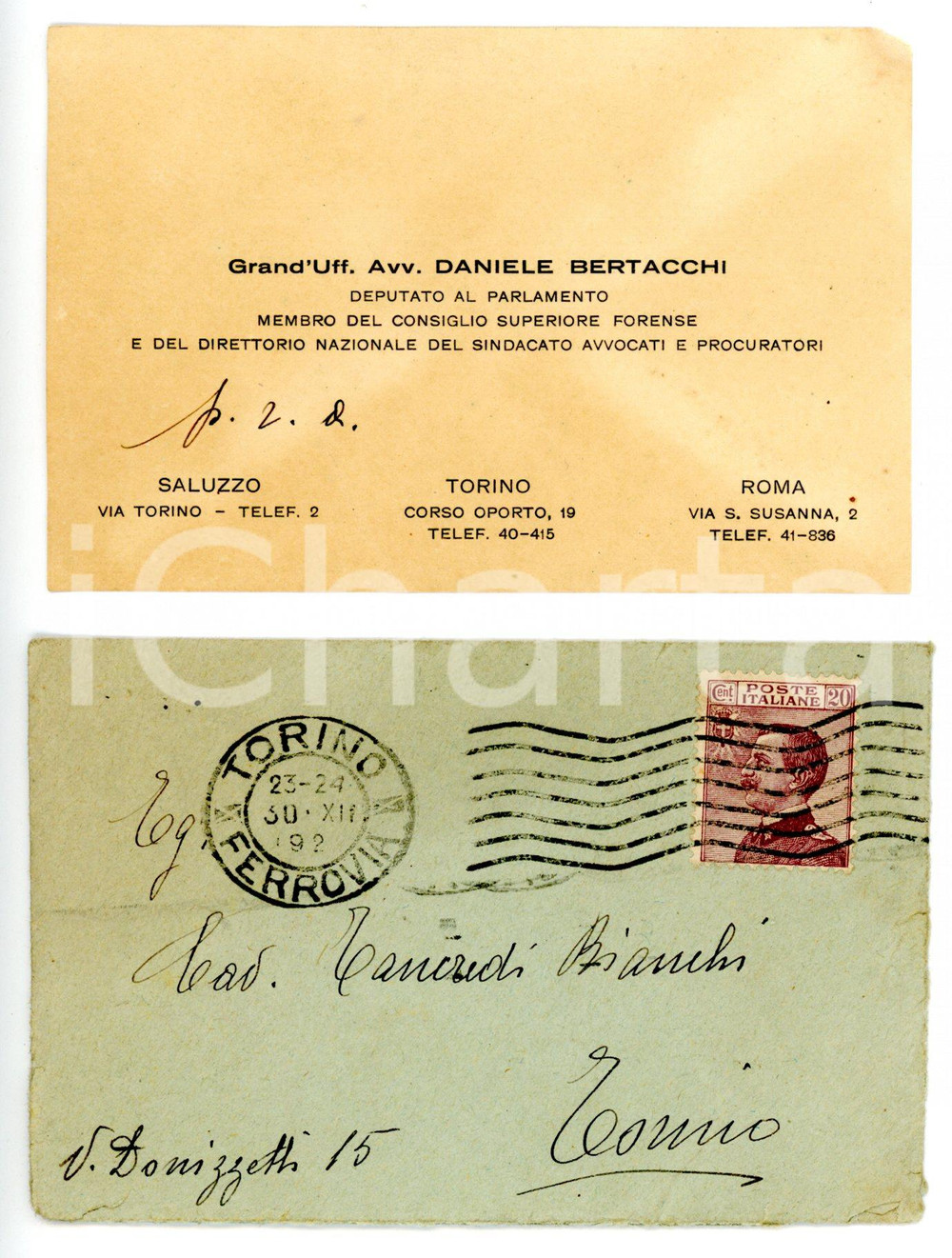 1925 ca TORINO Daniele BERTACCHI - Biglietto da visita con annotazione AUTOGRAFA