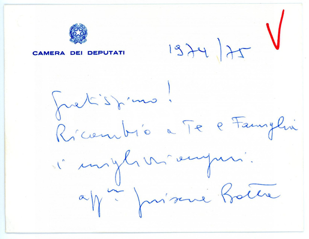 Autografo originale 1974 CAMERA DEI DEPUTATI On. Giuseppe BOTTA  Biglietto di auguri AUTOGRAFO 1