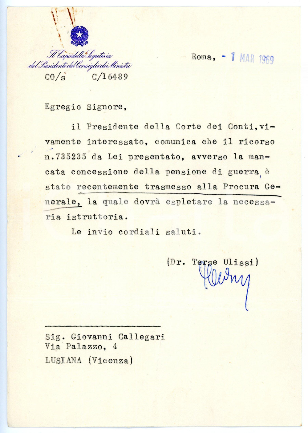 1969 ROMA Terse ULISSI per ricorso pensione di guerra - Lettera con AUTOGRAFO