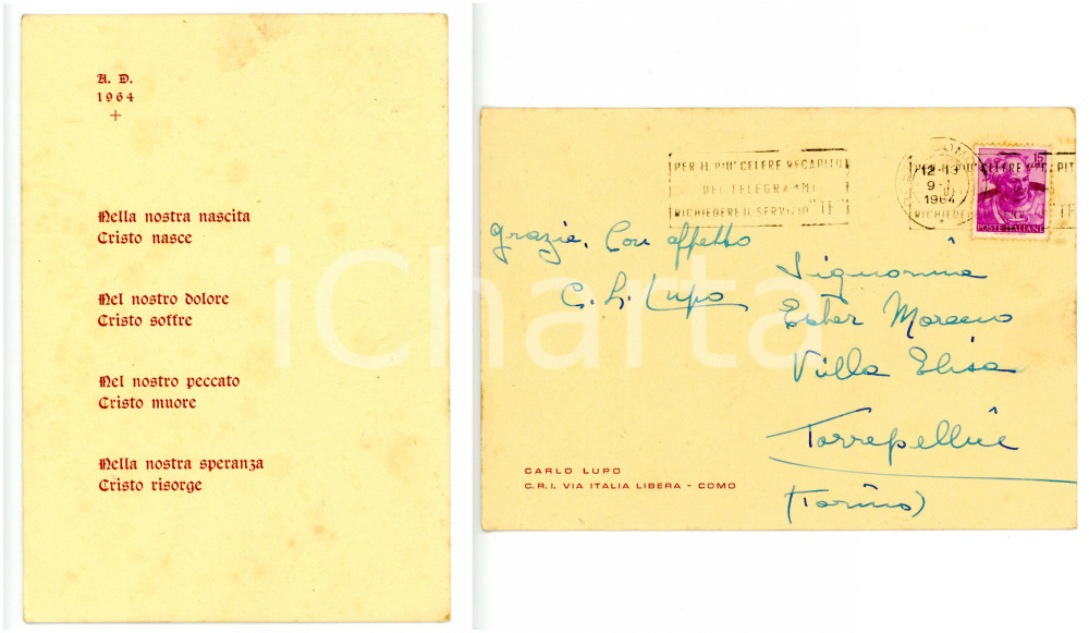 Autografo originale 1964 COMO  CRI Carlo LUPO Preghiera di Pasqua  Cartolina con AUTOGRAFO  FG 1