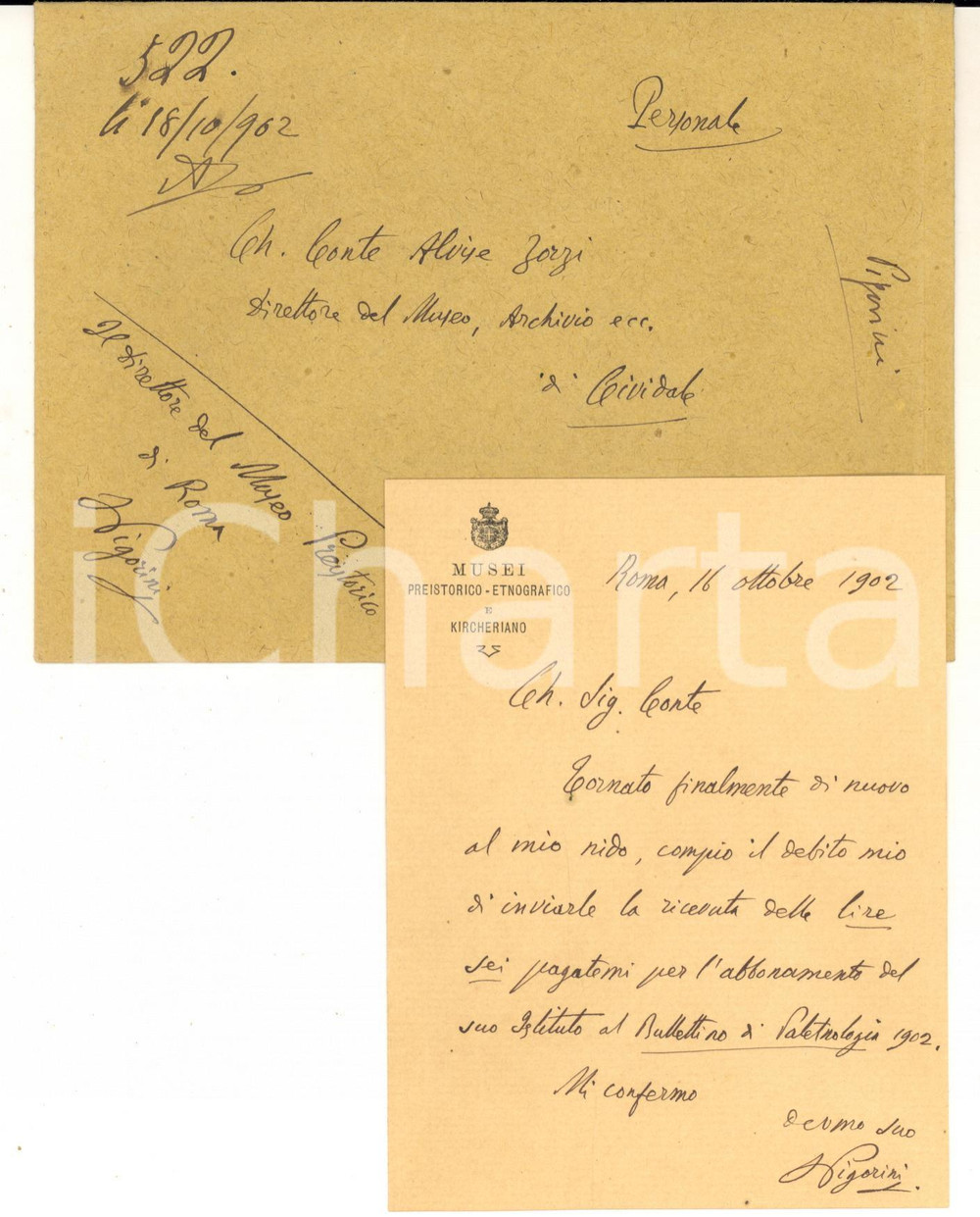 1902 ROMA Lettera Luigi PIGORINI per abbonamento rivista - AUTOGRAFO