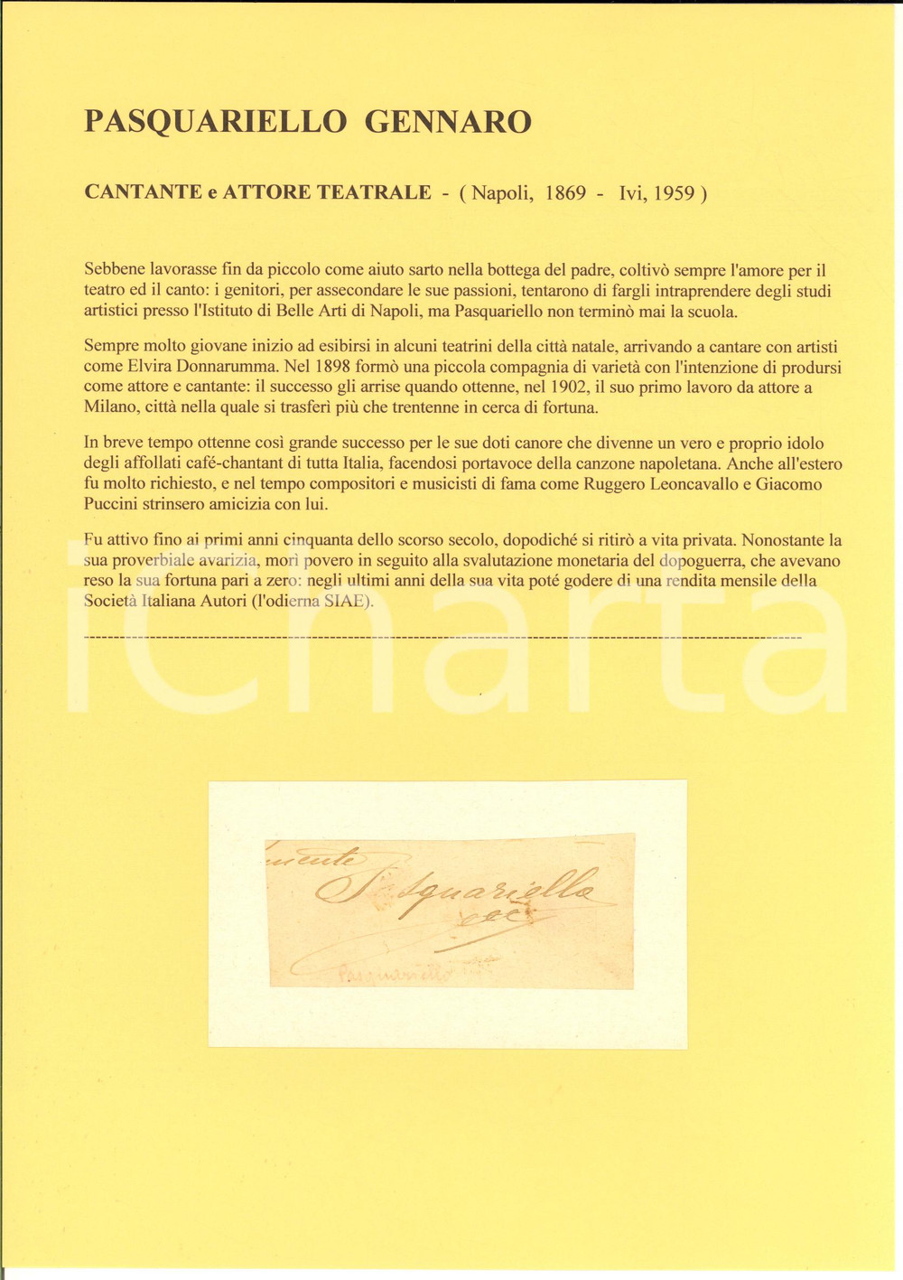 1910 ca MILANO Cantante Gennaro PASQUARIELLO - AUTOGRAFO su carta (frammento)