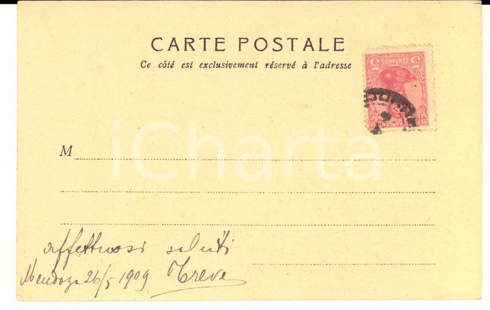 1909 MENDOZA ARGENTINA Cartolina Emilio TREVES editore  - AUTOGRAFO Cartolina postale autografa.Al recto, immagine artistica di "Tullia" di Palma Vecchio.CONDIZIONI: G    originale e autentica 1