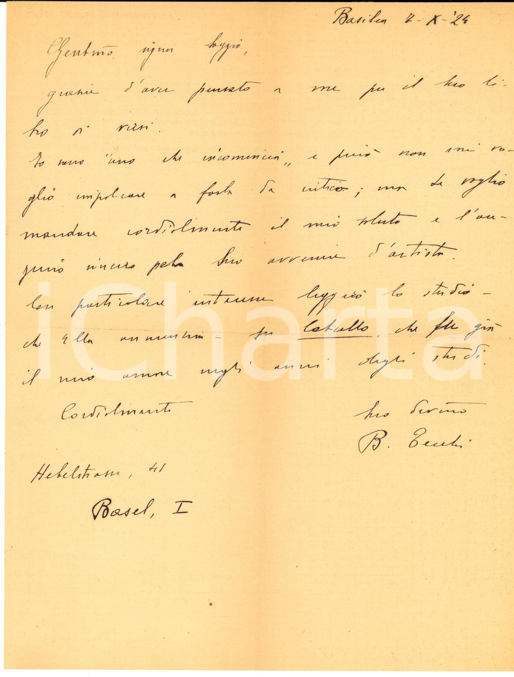 1924 BASILEA Bonaventura TECCHI ringrazia per l'invio di un libro - AUTOGRAFO