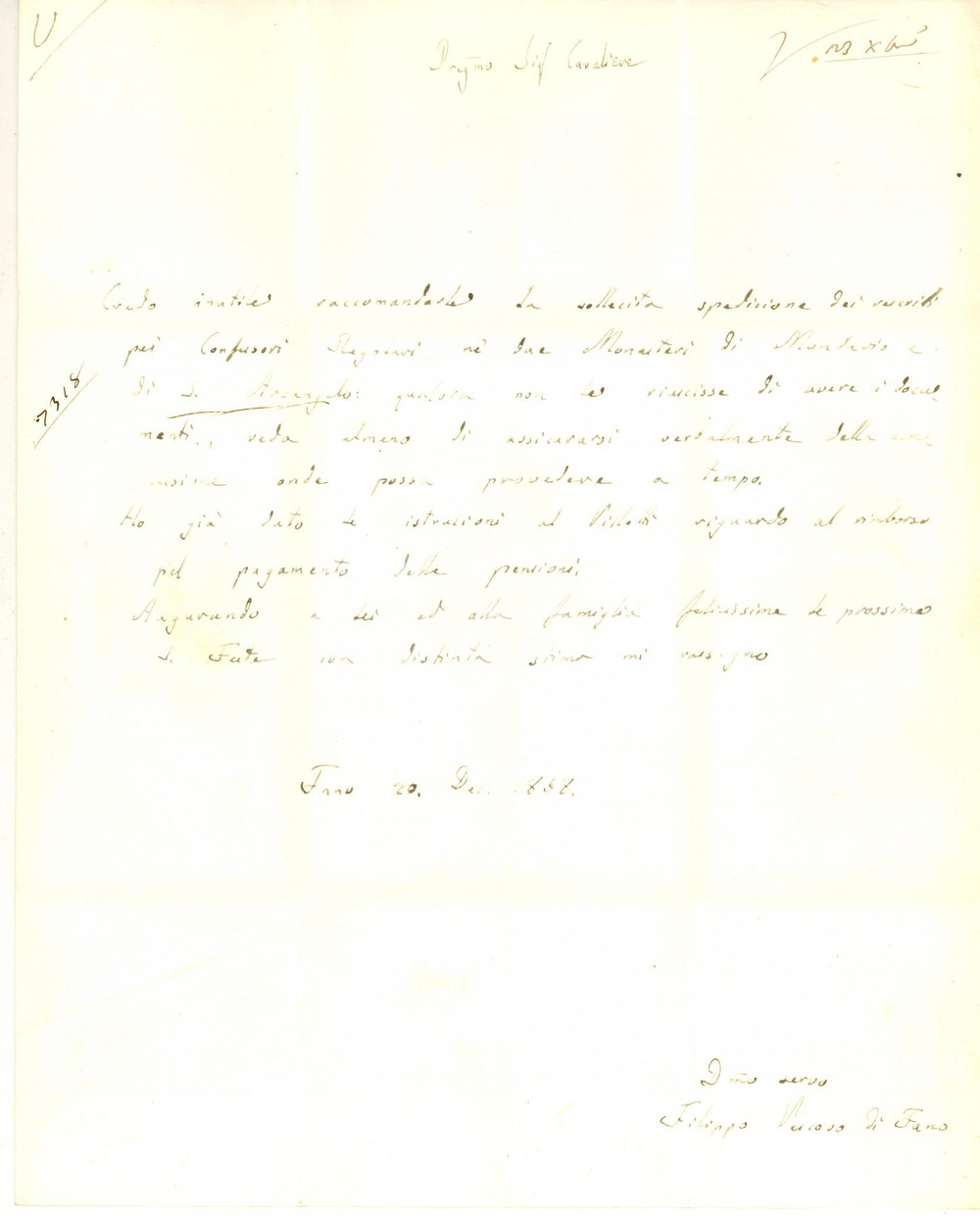 1858 FANO Mons. Filippo VESPASIANI sollecita documenti per confessori *AUTOGRAFO