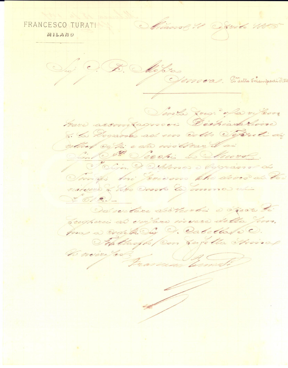 1885 MILANO Lettera imprenditore Francesco TURATI per crediti - AUTOGRAFO