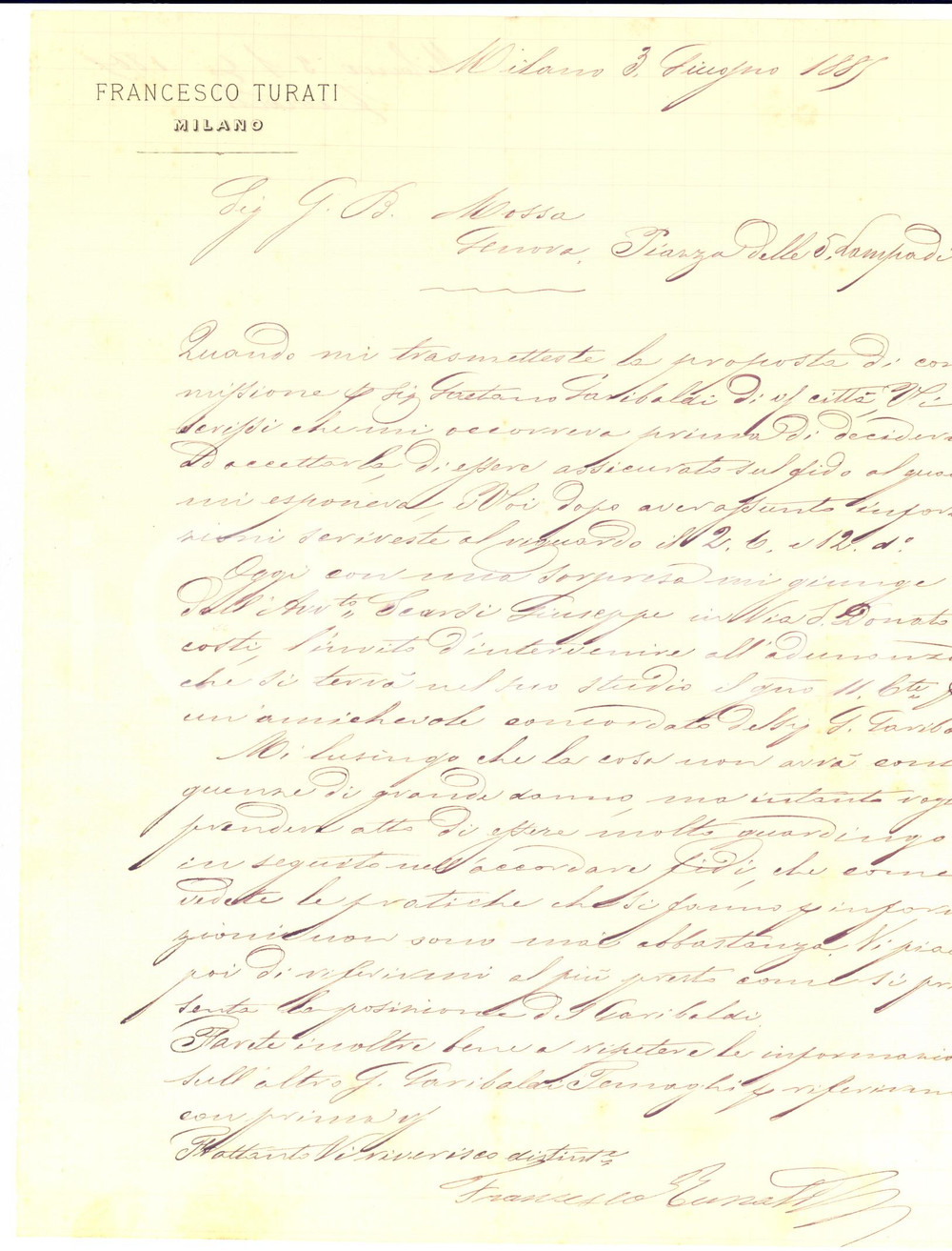 1885 MILANO Francesco TURATI convocato dall' avv. Giuseppe SCARSI - AUTOGRAFO