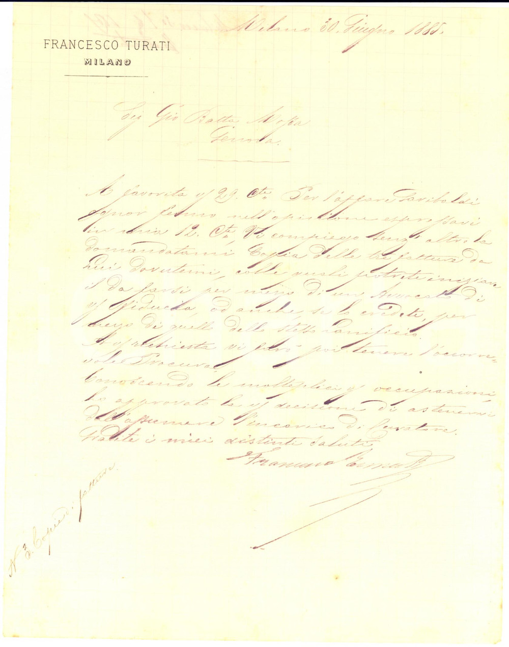 1885 MILANO Lettera Francesco TURATI per l'affare Garibaldi - AUTOGRAFO