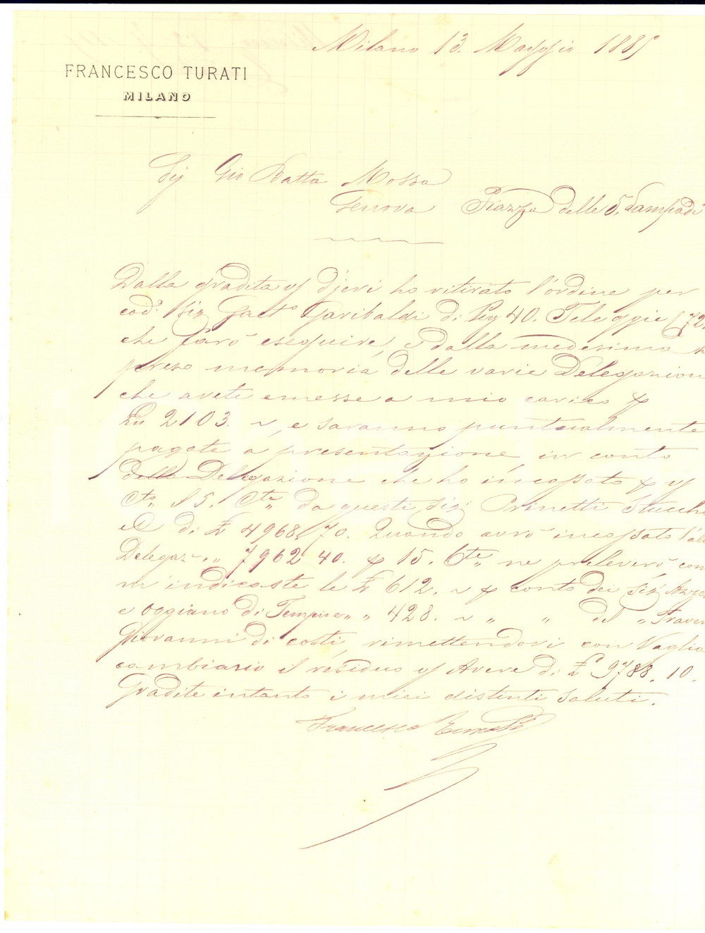 1885 MILANO Lettera Francesco TURATI per ordine Gaetano Garibaldi - AUTOGRAFO
