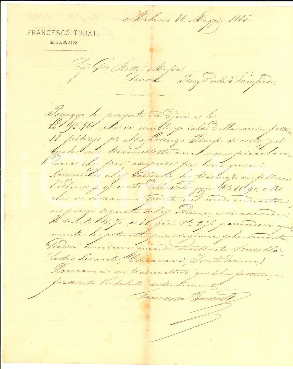1885 MILANO Lettera Francesco TURATI per trasmissione ordini - AUTOGRAFO