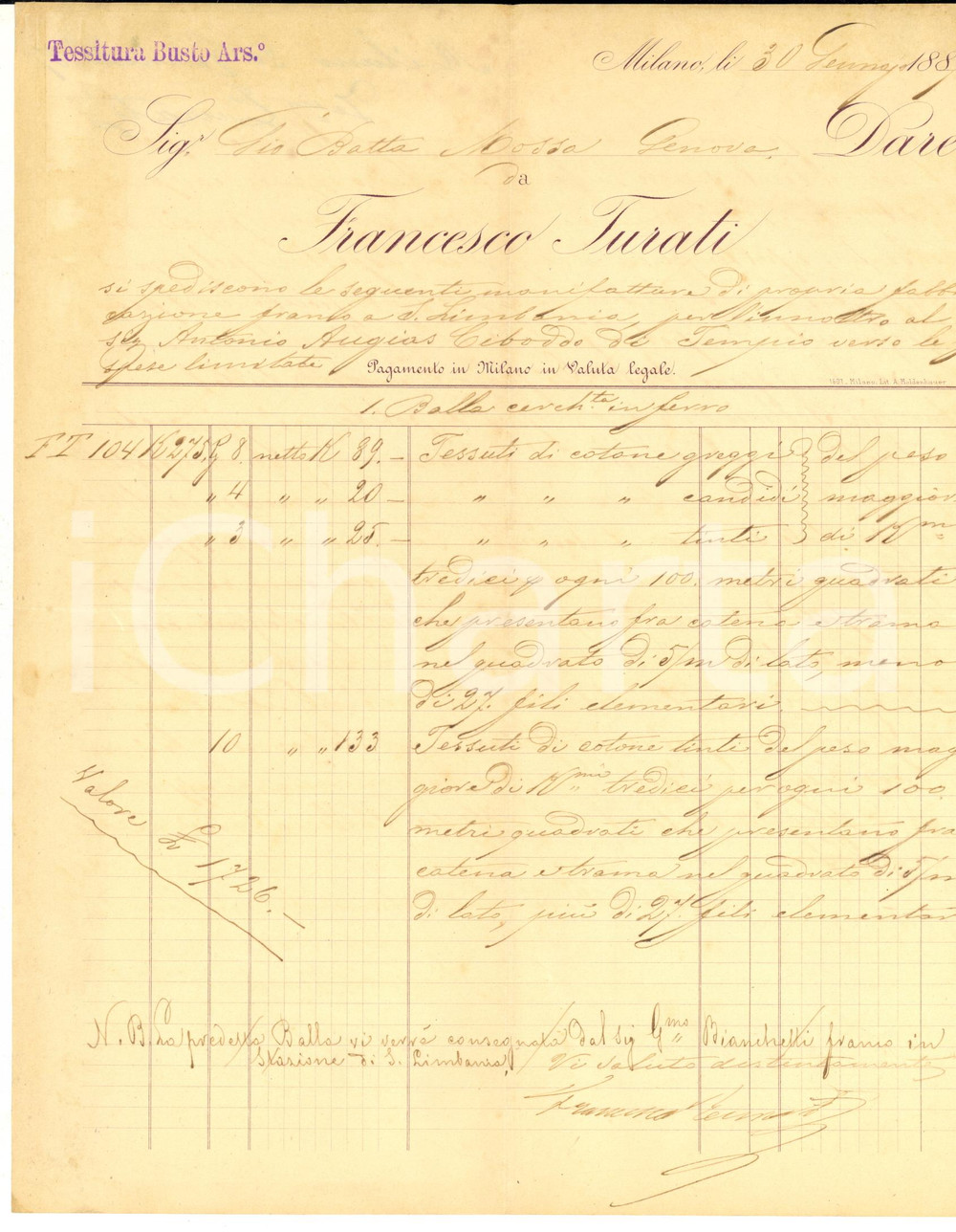 1887 BUSTO ARSIZIO Ditta Francesco TURATI - Nota spedizione - AUTOGRAFO
