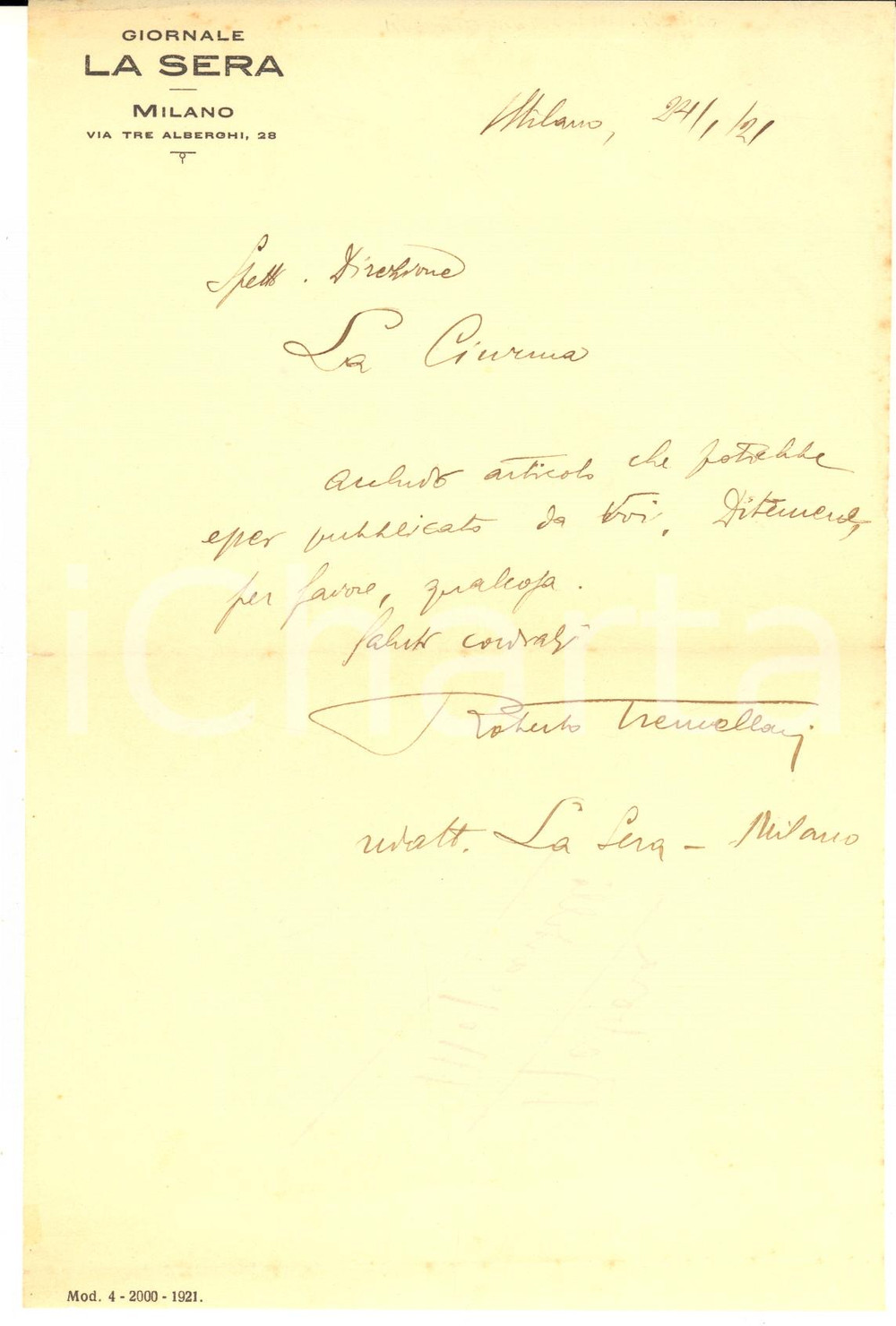 1921 MILANO LA SERA Lettera Roberto TREMELLONI per invio articoli - AUTOGRAFO