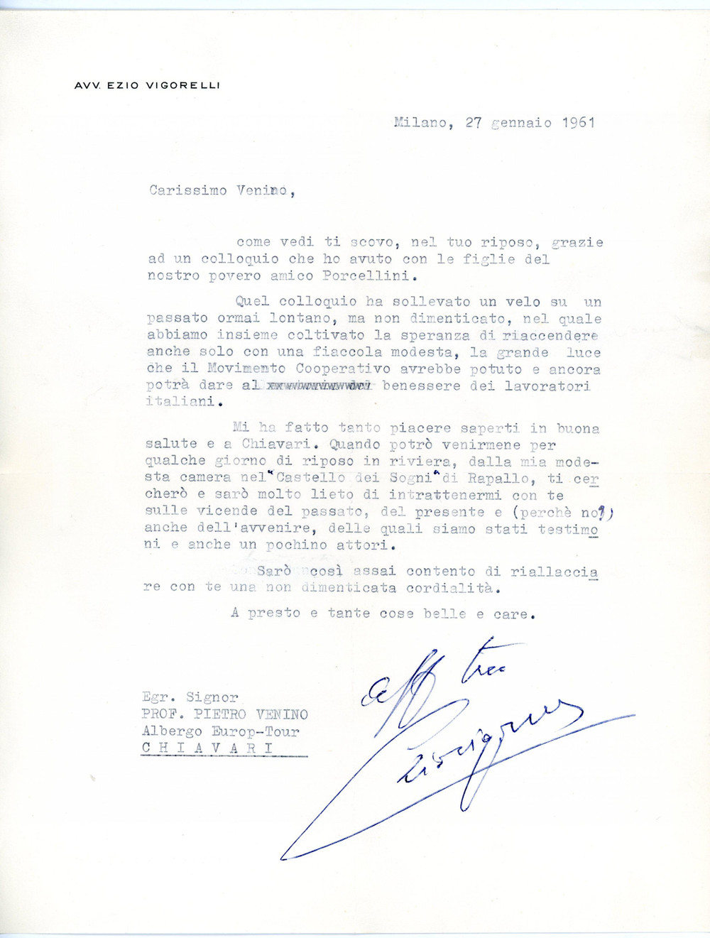 1961 MILANO Ezio VIGORELLI e le speranze per il Movimento Cooperativo *AUTOGRAFO