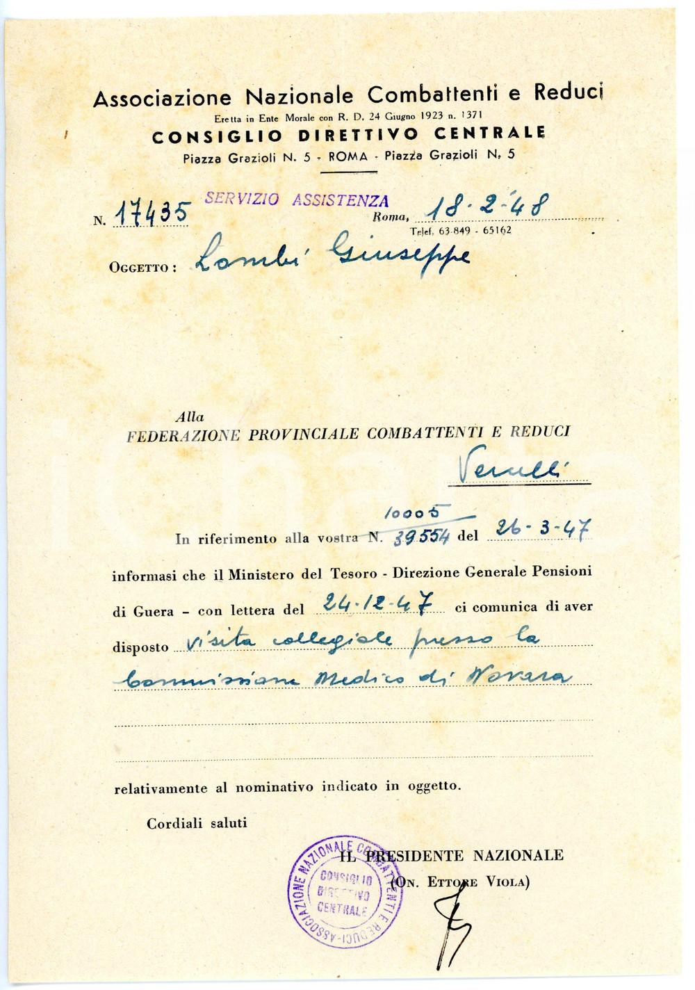 1948 ROMA - ANCR Ettore VIOLA per visita commissione medica NOVARA *AUTOGRAFO