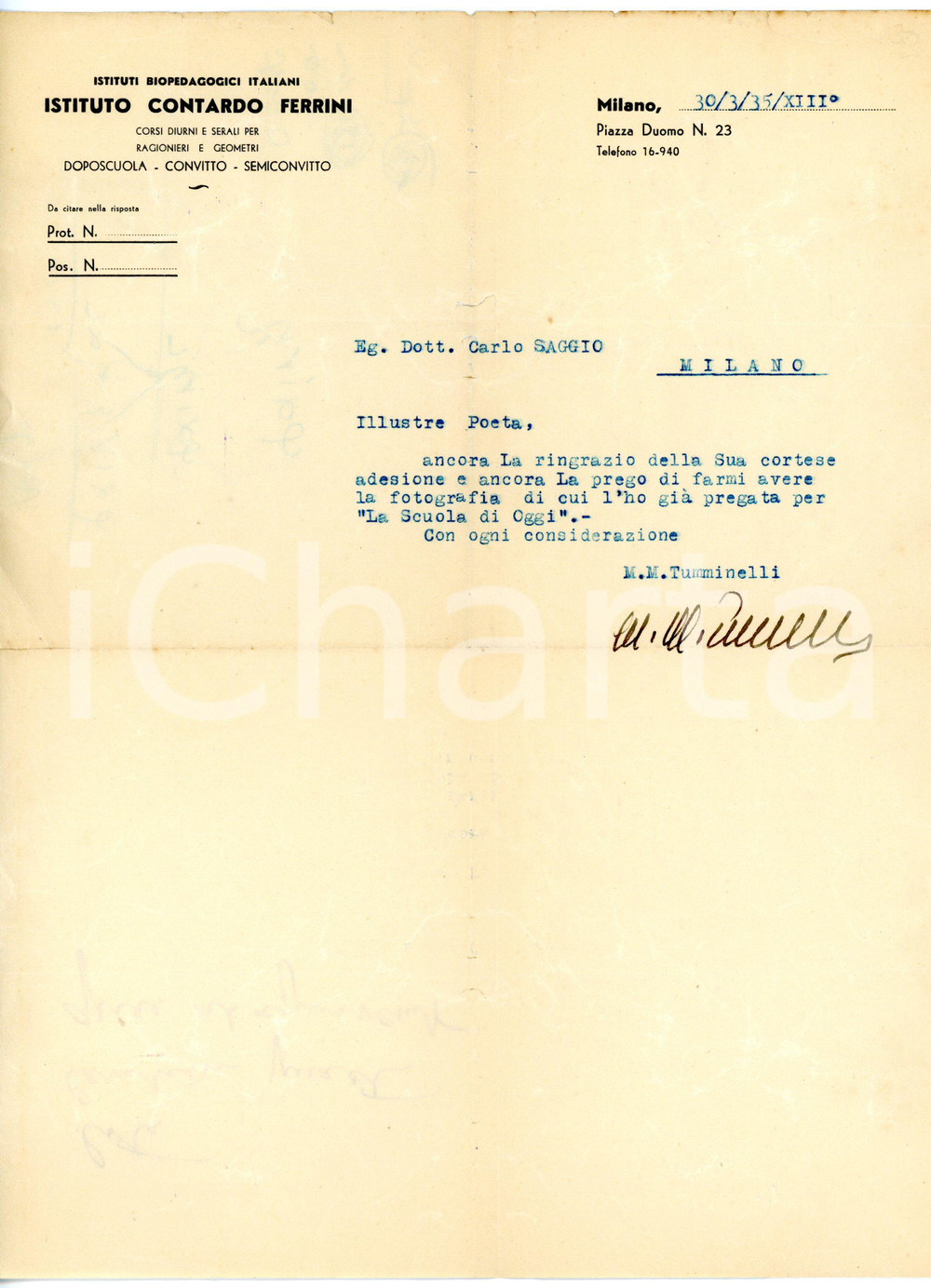1935 MILANO "Istituto C. Ferrini" - Michele TUMMINELLI a Carlo SAGGIO *AUTOGRAFO