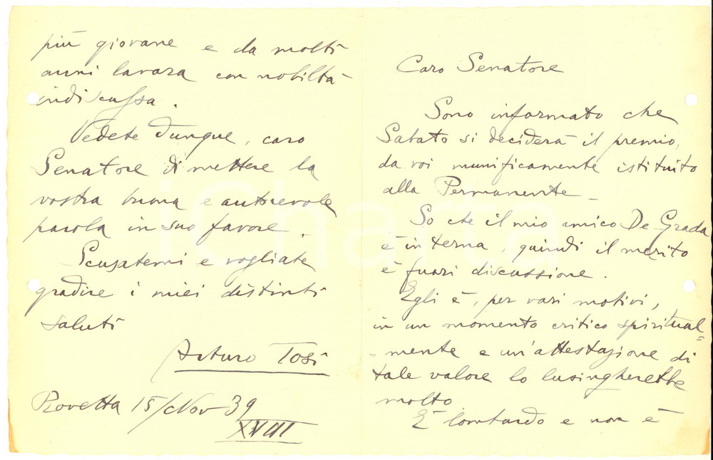 1939 ROVETTA Pittore Arturo TOSI raccomanda Raffaele DE GRADA - AUTOGRAFO