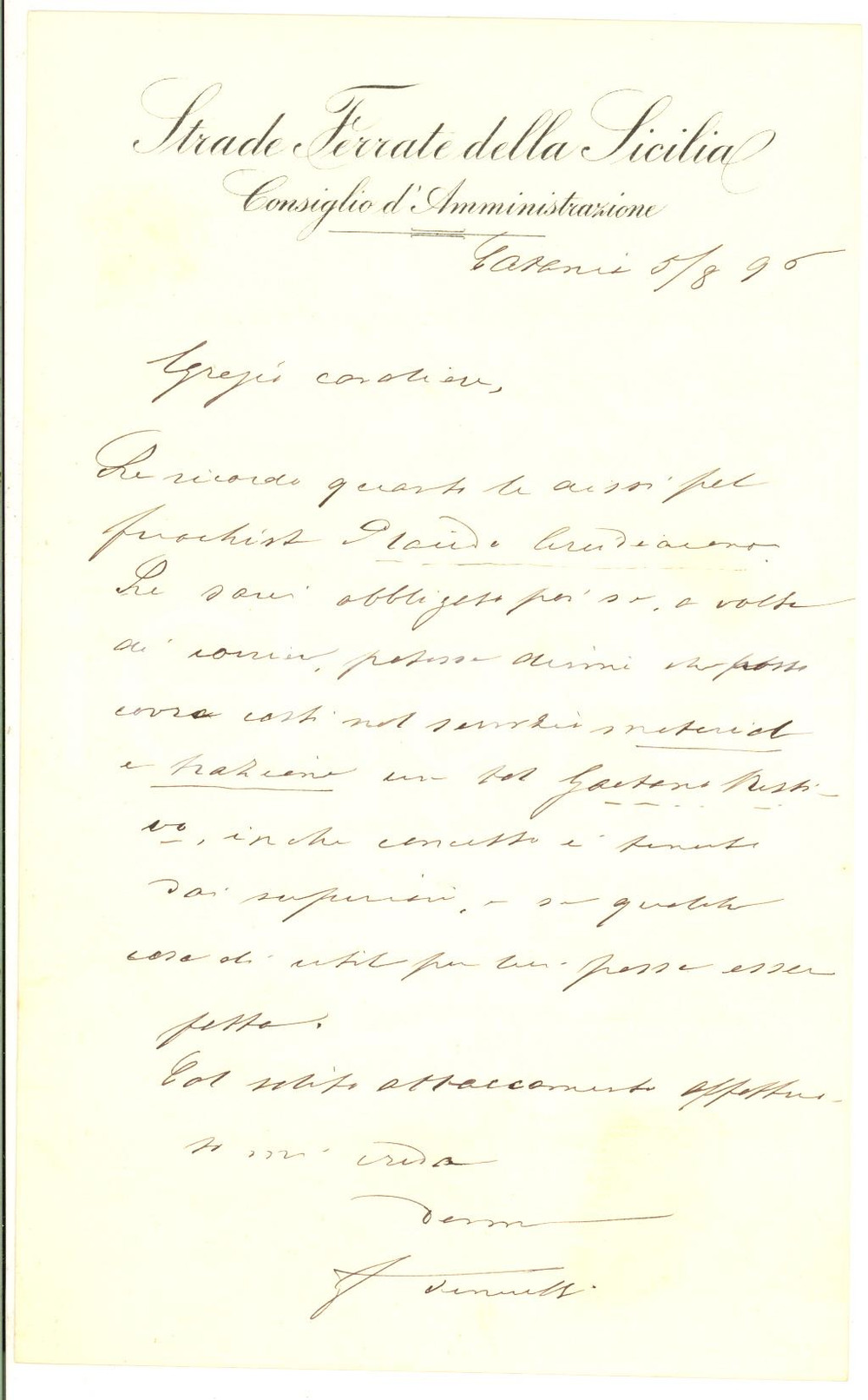 1896 CATANIA STRADE FERRATE Lettera Francesco TENERELLI - AUTOGRAFO