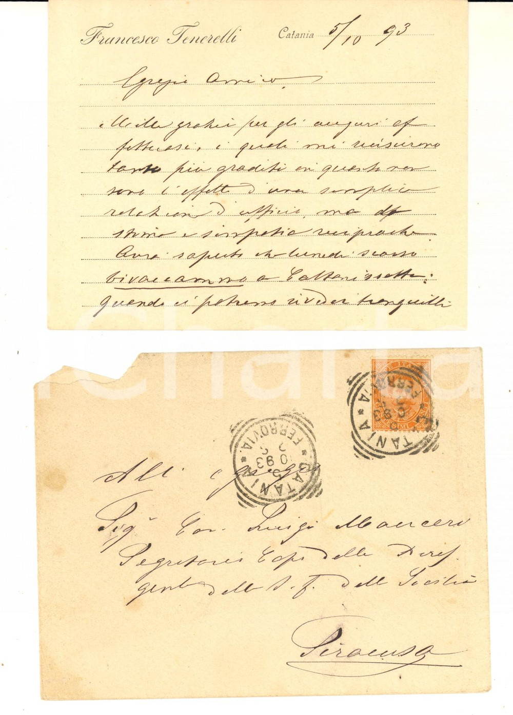 1893 CATANIA Biglietto Francesco TENERELLI per ringraziamento - AUTOGRAFO