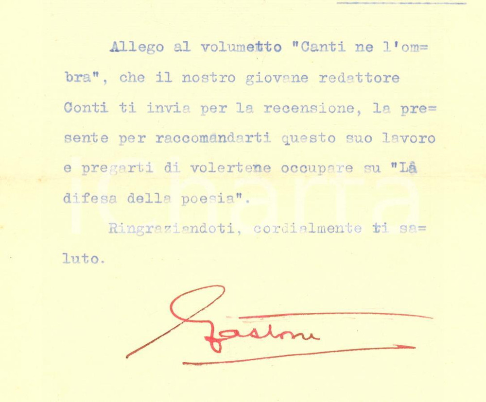 1927 MILANO Lettera Gastone TANZI pro giovane redattore - AUTOGRAFO