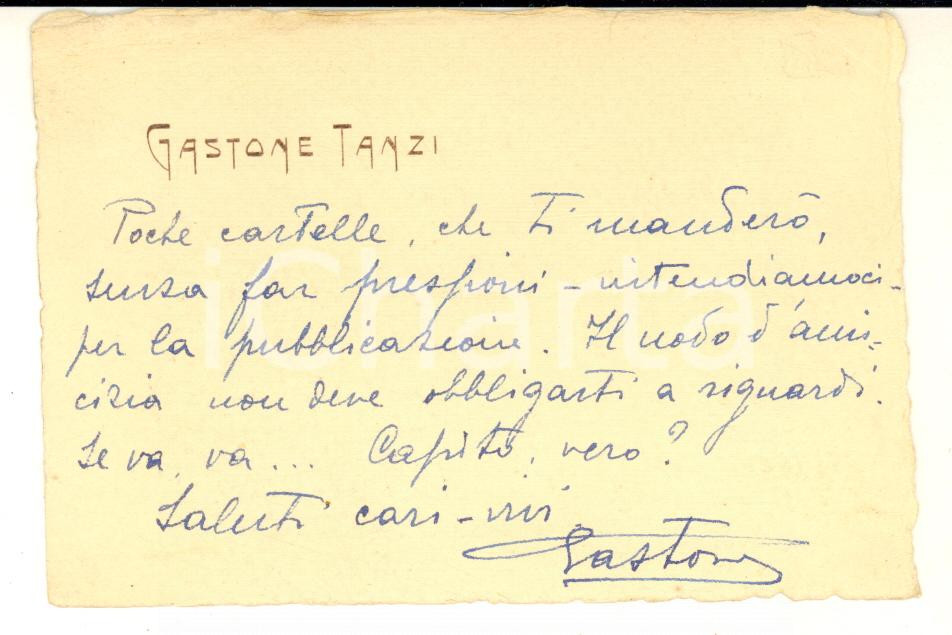 1920 GENOVA Biglietto Gastone TANZI per pubblicazioni - AUTOGRAFO