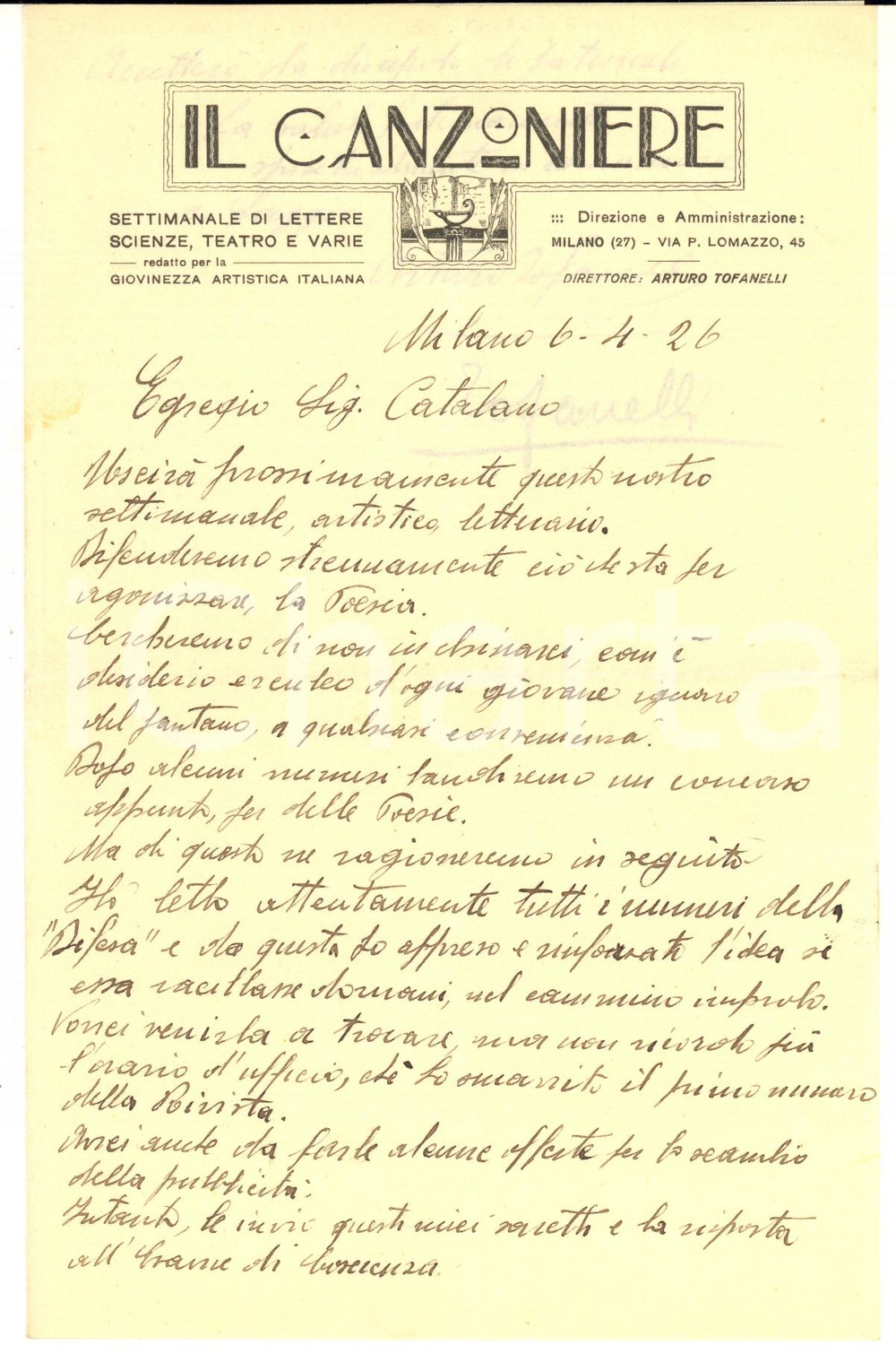 1926 MILANO IL CANZONIERE Arturo TOFANELLI "Difenderemo la poesia" - AUTOGRAFO