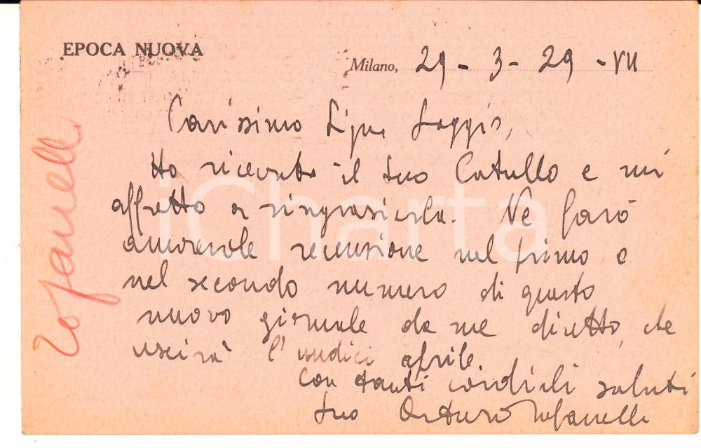1929 MILANO EPOCA NUOVA Cartolina Arturo TOFANELLI - AUTOGRAFO