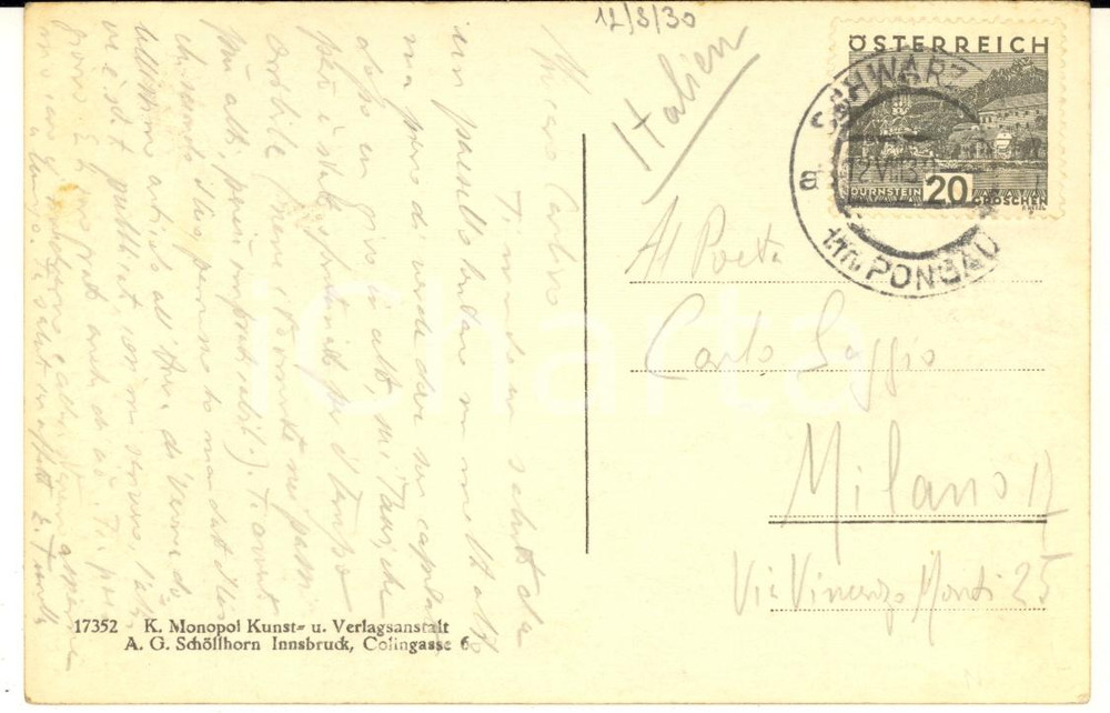 1930 SCHWARZACH Cartolina Enrico TUROLLA in vacanza - AUTOGRAFO FP VG