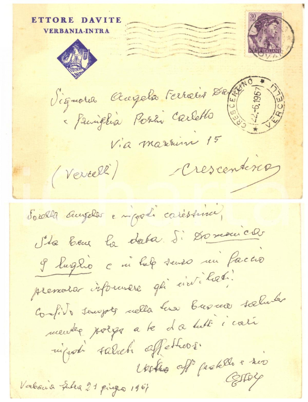 1967 VERBANIA INTRA Cartolina Ettore DAVITE per appuntamento - AUTOGRAFO