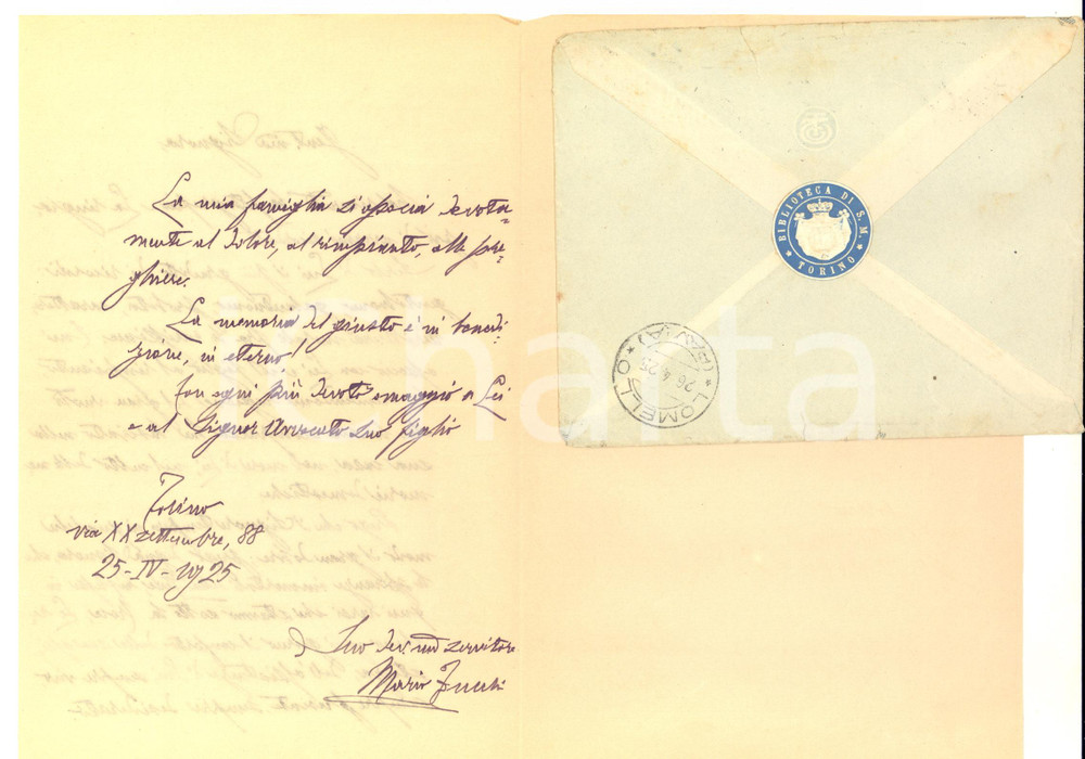 1925 TORINO Biblioteca Reale - Lettera Mario ZUCCHI per condoglianze - AUTOGRAFO