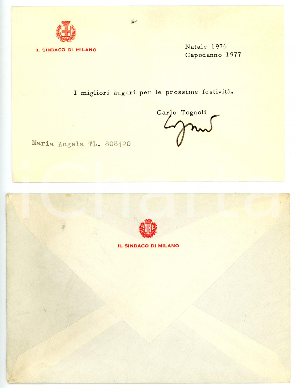1976 MILANO On. Carlo TOGNOLI *Biglietto di auguri con AUTOGRAFO - 17x11 cm