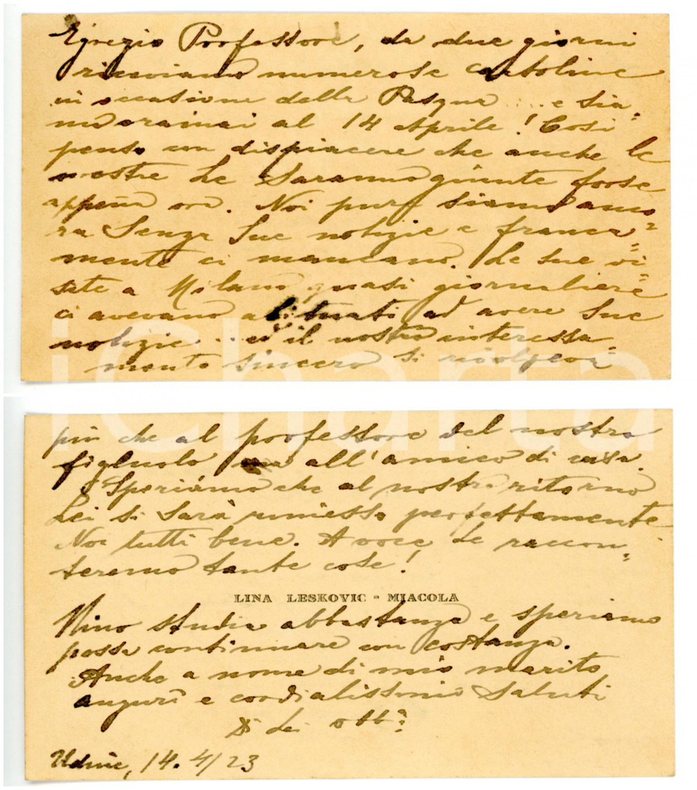 1923 UDINE Lina LESKOVIC MIACOLA - Biglietto da visita con messaggio AUTOGRAFO