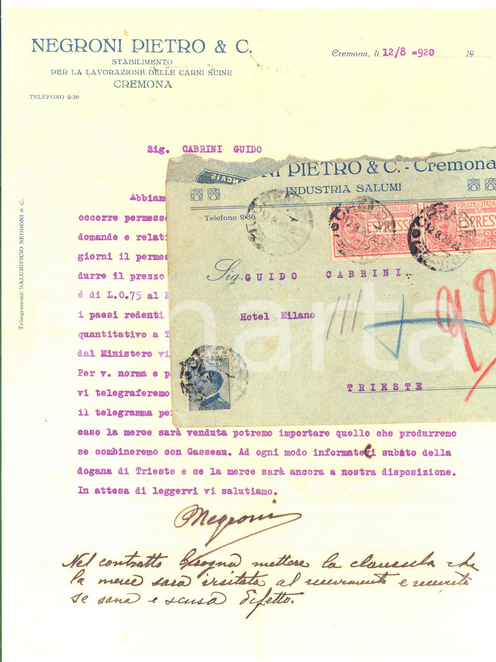 1920 CREMONA Lettera Pietro NEGRONI per importazione merce - AUTOGRAFO