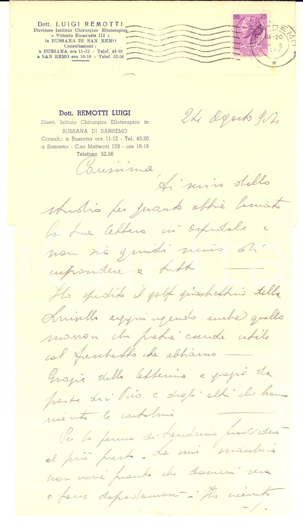1954 BUSSANA DI SANREMO Lettera del dott. Luigi REMOTTI alla famiglia