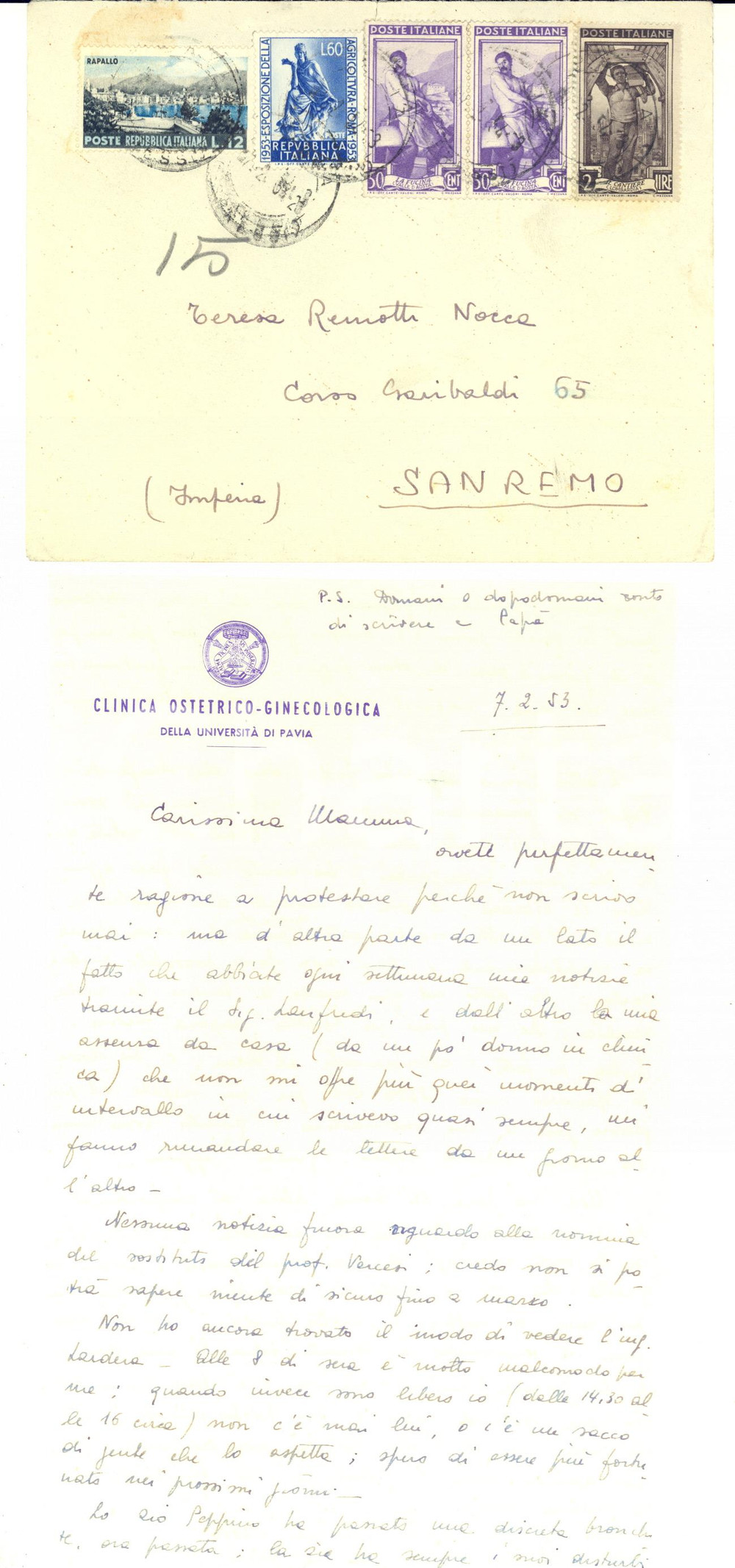 1953 PAVIA Clinica Ostetrico-Ginecologica - Lettera Gianni REMOTTI alla madre