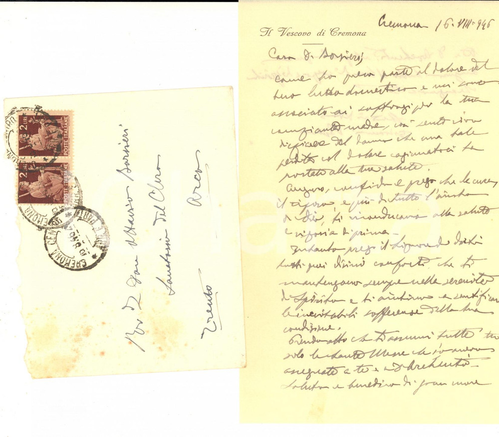 1946 CREMONA Lettera mons. Giovanni CAZZANI per condoglianze - AUTOGRAFO