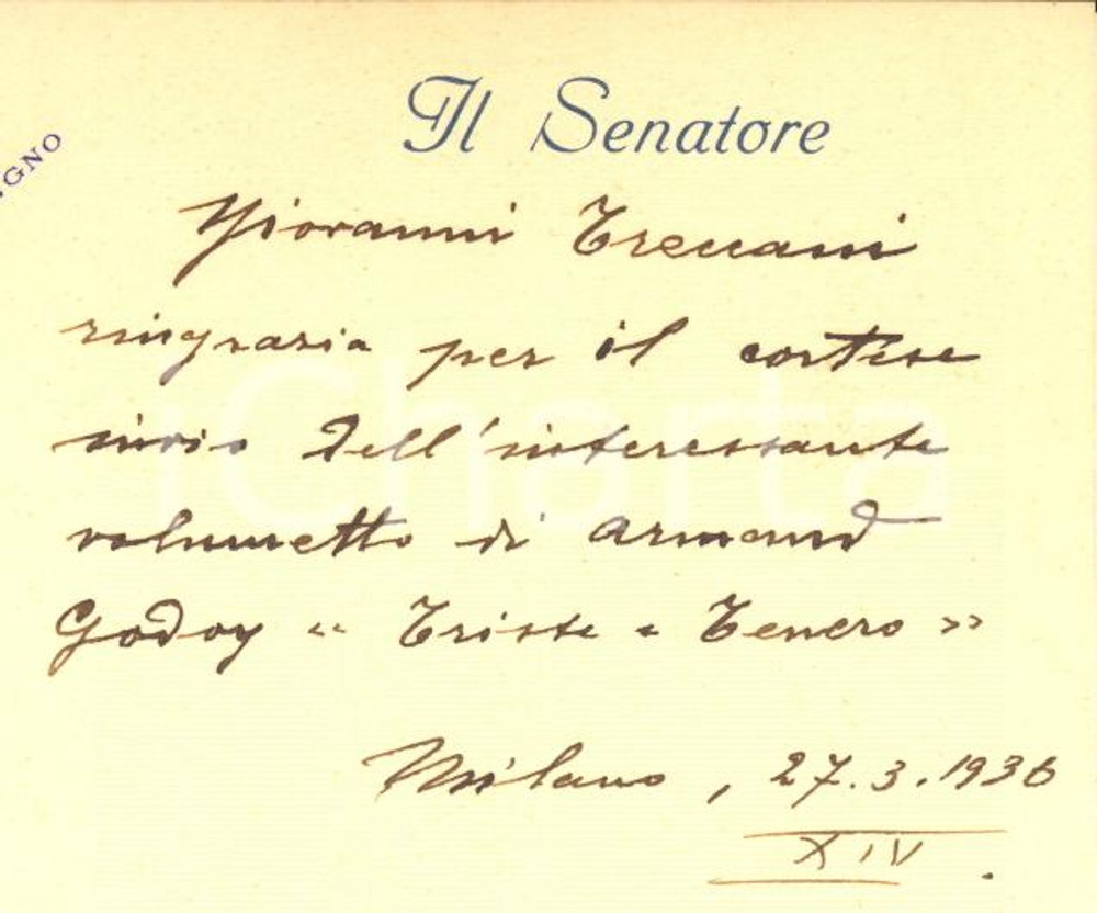 1936 MILANO Giovanni TRECCANI ringrazia per libro *Biglietto da visita AUTOGRAFO