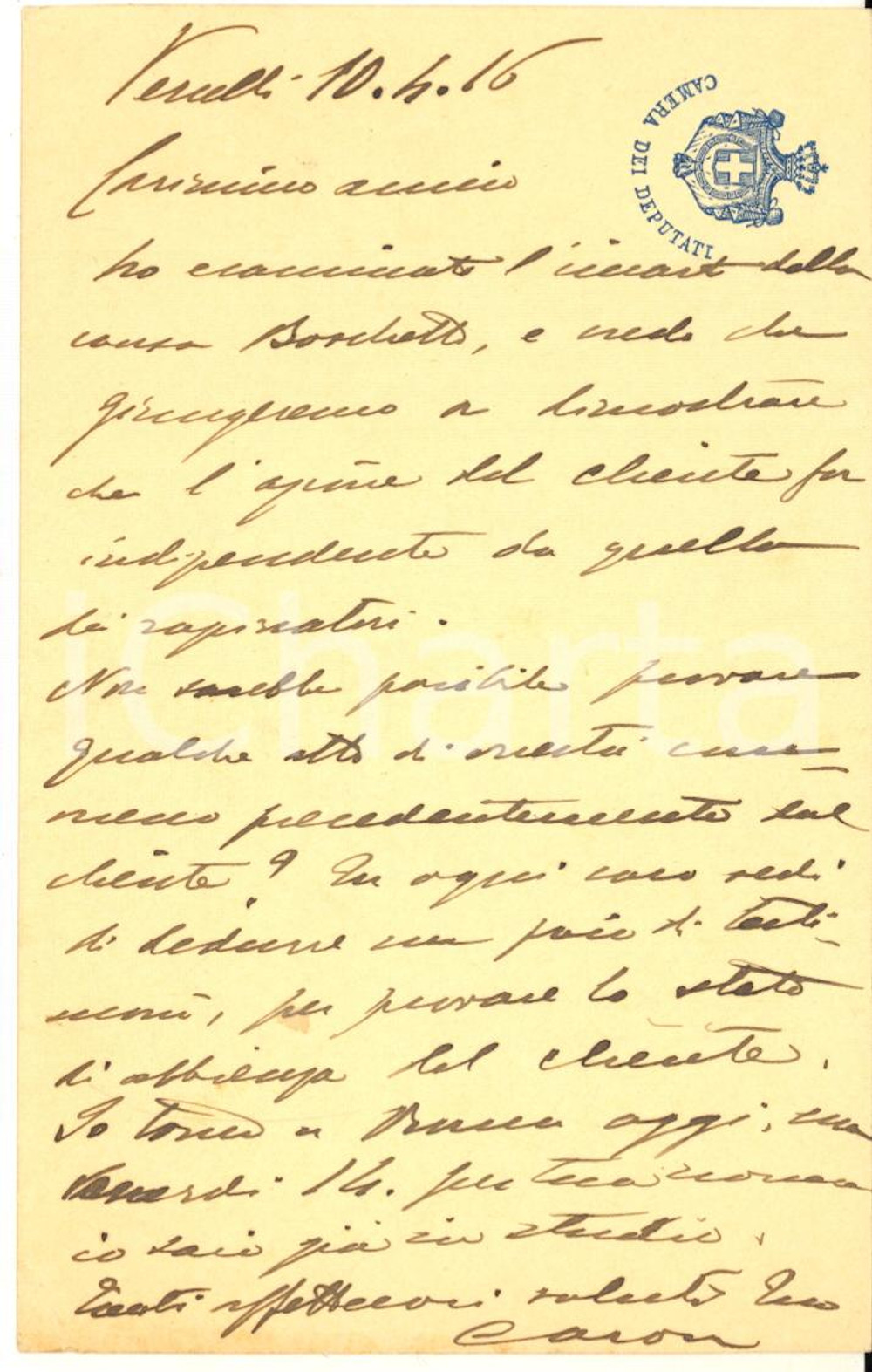 1916 VERCELLI On. Luigi Carlo CARON - Cartolina per causa legale - AUTOGRAFO