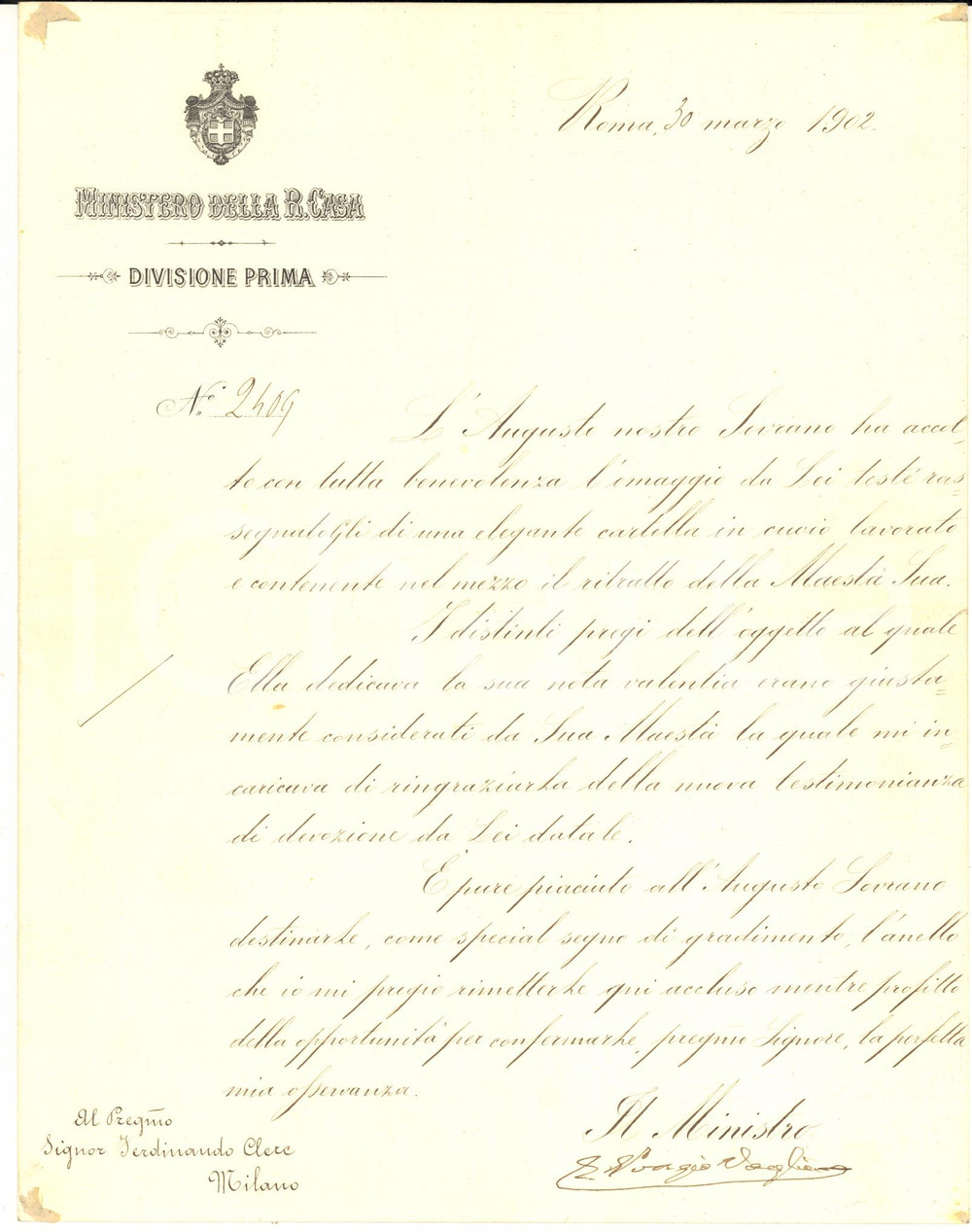 1902 ROMA Emilio PONZIO VAGLIA ringrazia Ferdinando CLERC per dono - AUTOGRAFO