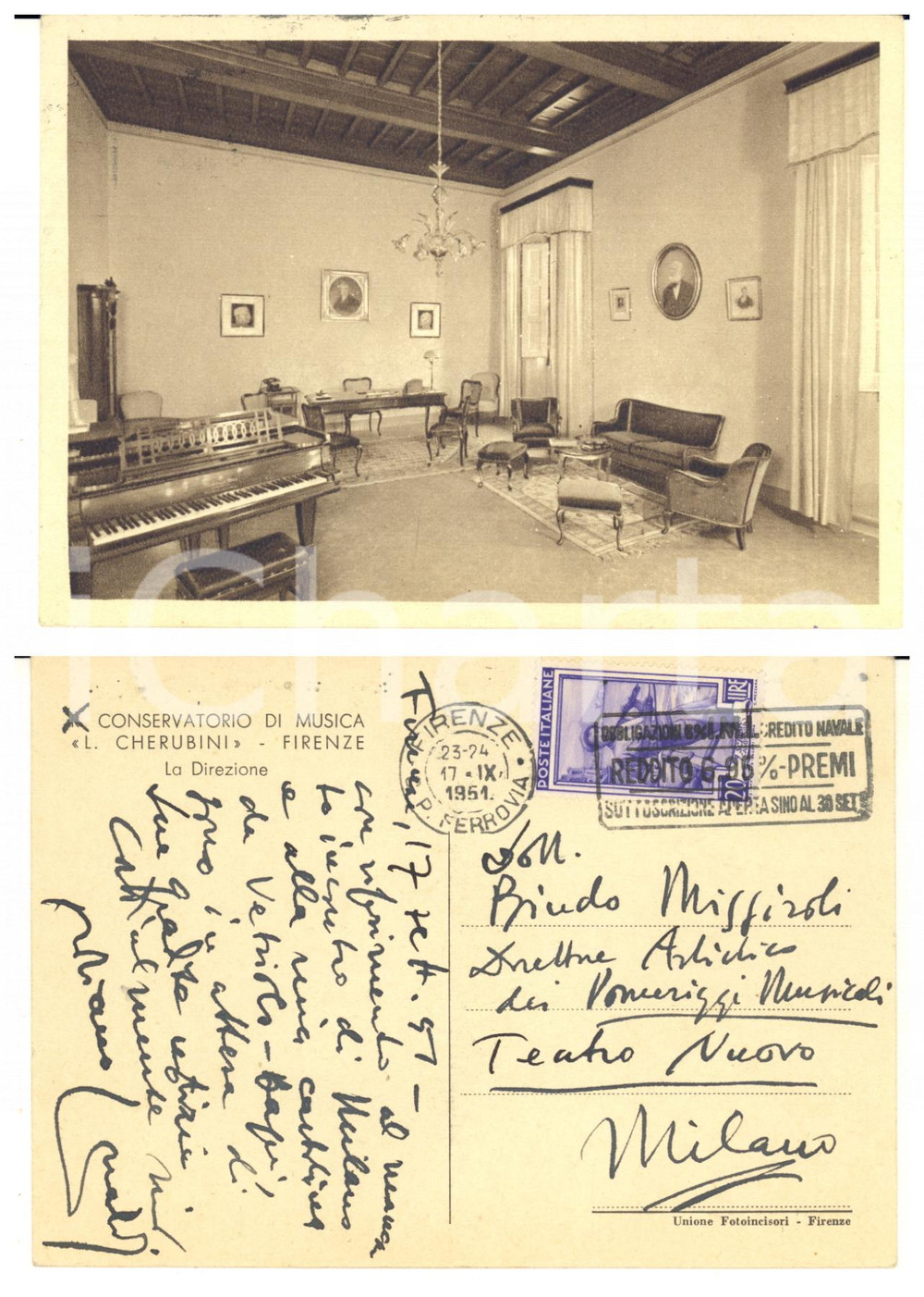 1951 FIRENZE Conservatorio - Direttore Adriano LUALDI - Cartolina AUTOGRAFA