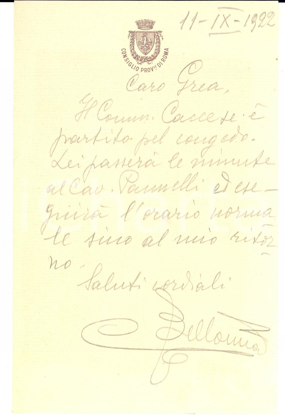 1922 ROMA Consiglio Provinciale - Lettera Corrado BELLOMIA a un funzionario