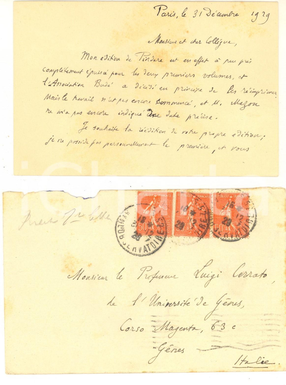 1929 PARIS Aimé PUECH a Luigi Cerrato sull'edizione di Pindaro - AUTOGRAFO
